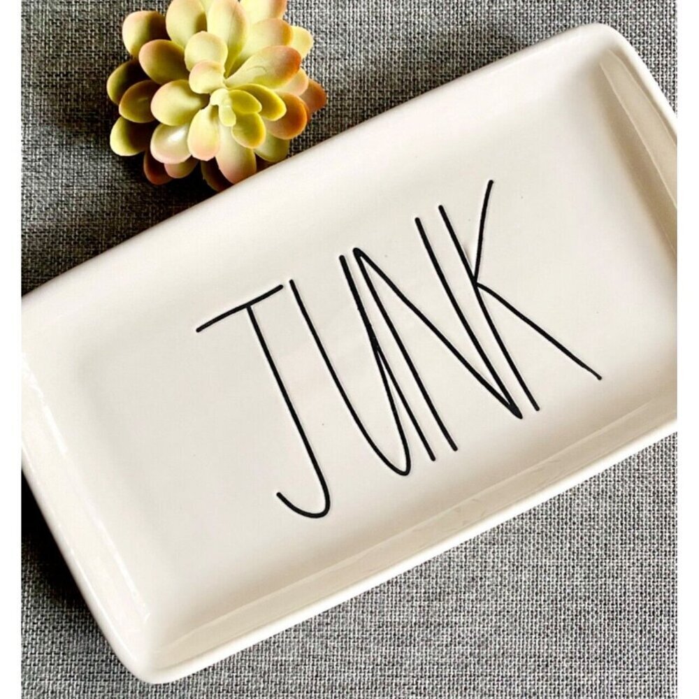 New Rae Dunn JUNK Ceramic Makeup Jewelry Keys Change Trinket Organizer Tray 9"